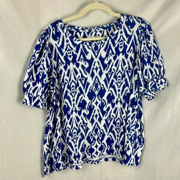 Chicos Size 3 XL Blue White Ikat Print Puff Sleeve Top Shirt Cotton Blend Boho‎ - Picture 2 of 8